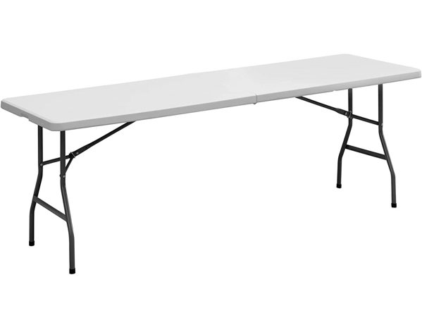 White eight-foot folding table with steel legs