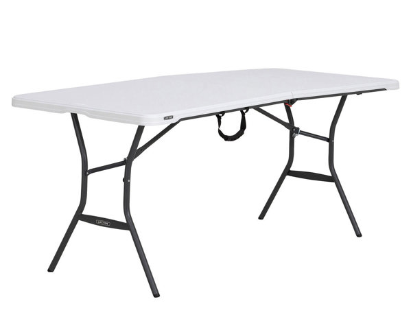 White six-foot folding table with steel legs