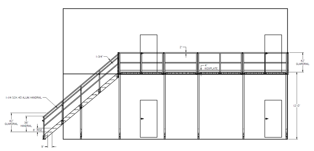 Schematic of a two-story stair and elevated platform for stacked blast-resistant buildings