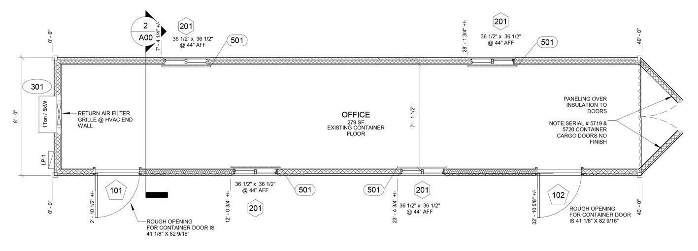 Floor plan for a 40-foot container office showing access, lighting, outlets and HVAC placement