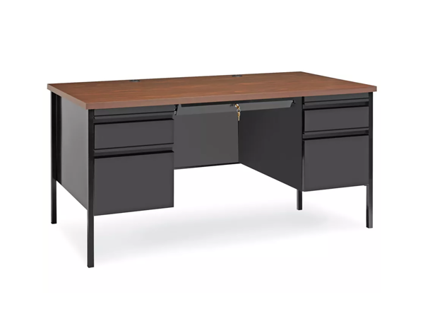Double-pedestal steel office desk with walnut laminate top