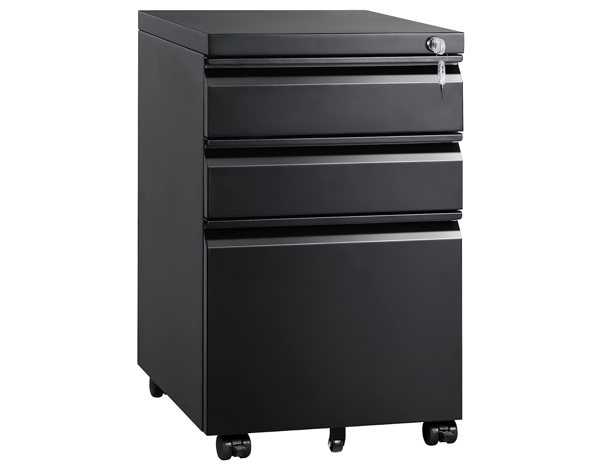 Black three-drawer mobile file cabinet with lock